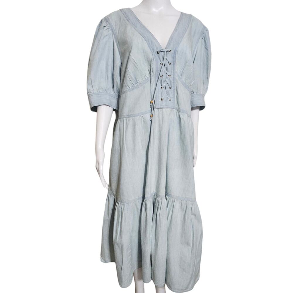 Lauren Ralph Lauren Black Label Chambray Puff-Sleeve Dress Plus Size 18W Pockets - Picture 7 of 15